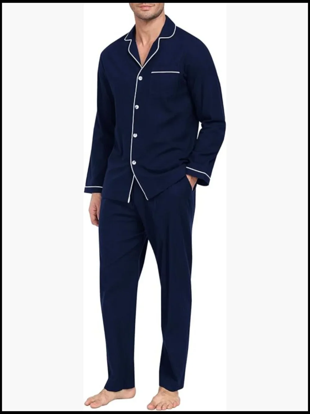 Men's Cotton Pajama Set Long Sleeve Button Down Lounge Set with Pockets